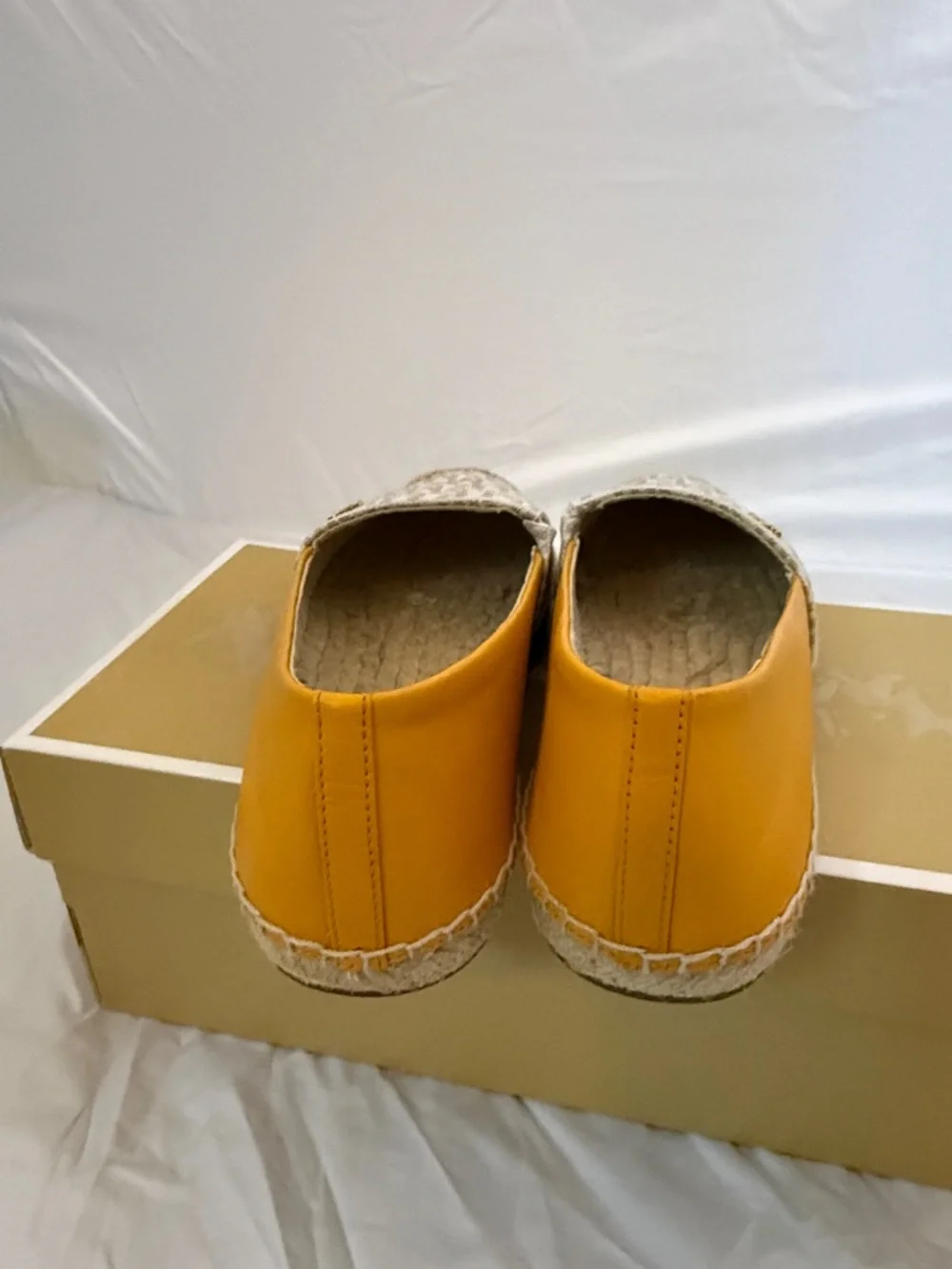 Michael Kors MK Logo Espadrille Flats in White and Tan with Yellow Trim